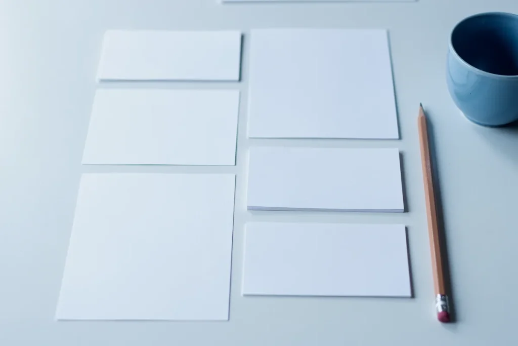 Leere weiße Papierbögen im Raster auf einem hellen Agentur-Schreibtisch, daneben Bleistift und Tasse – Planung der Inhalte